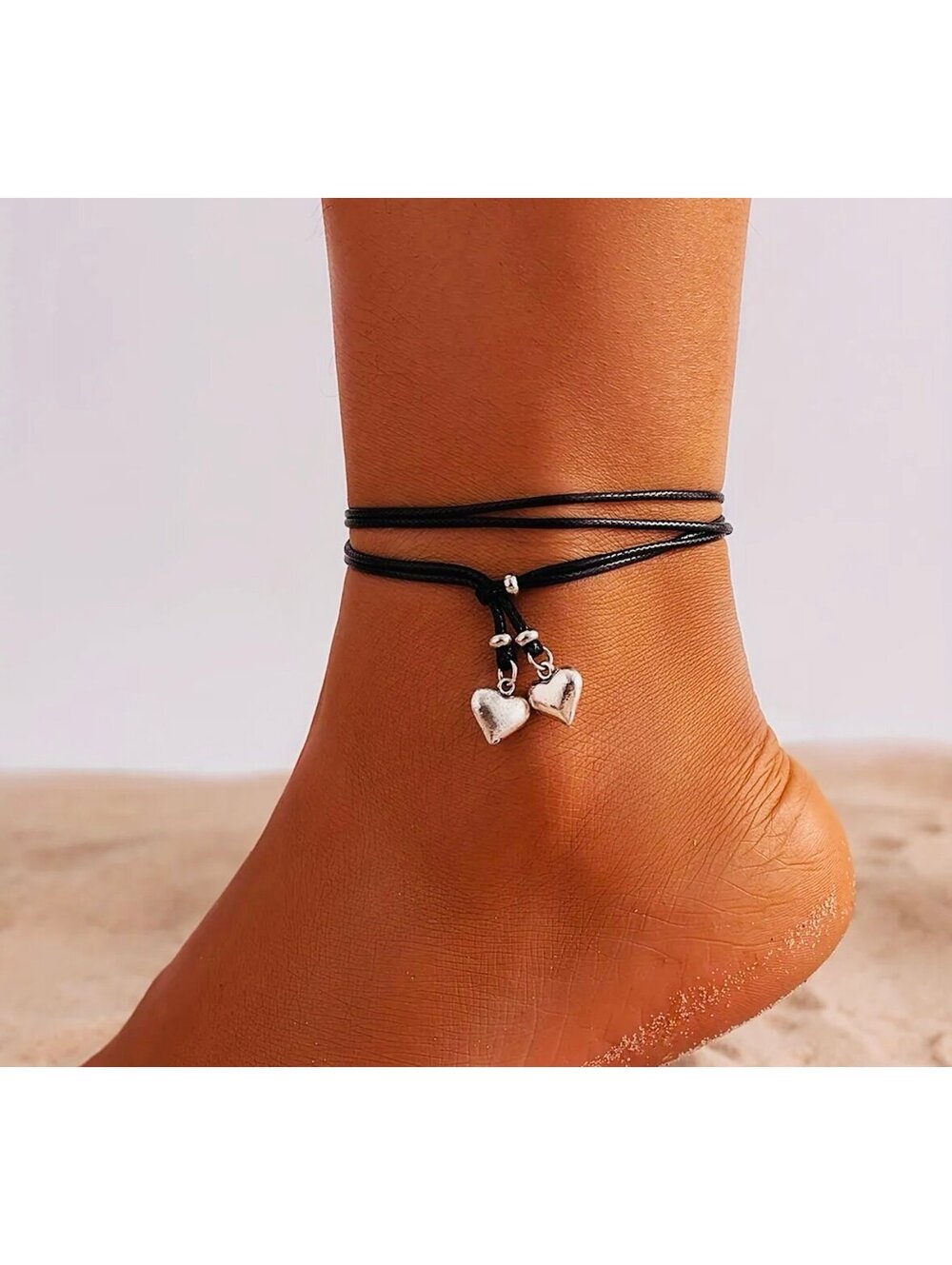 New - Double Love Heart Pendant w /Wax Thread - Anklet